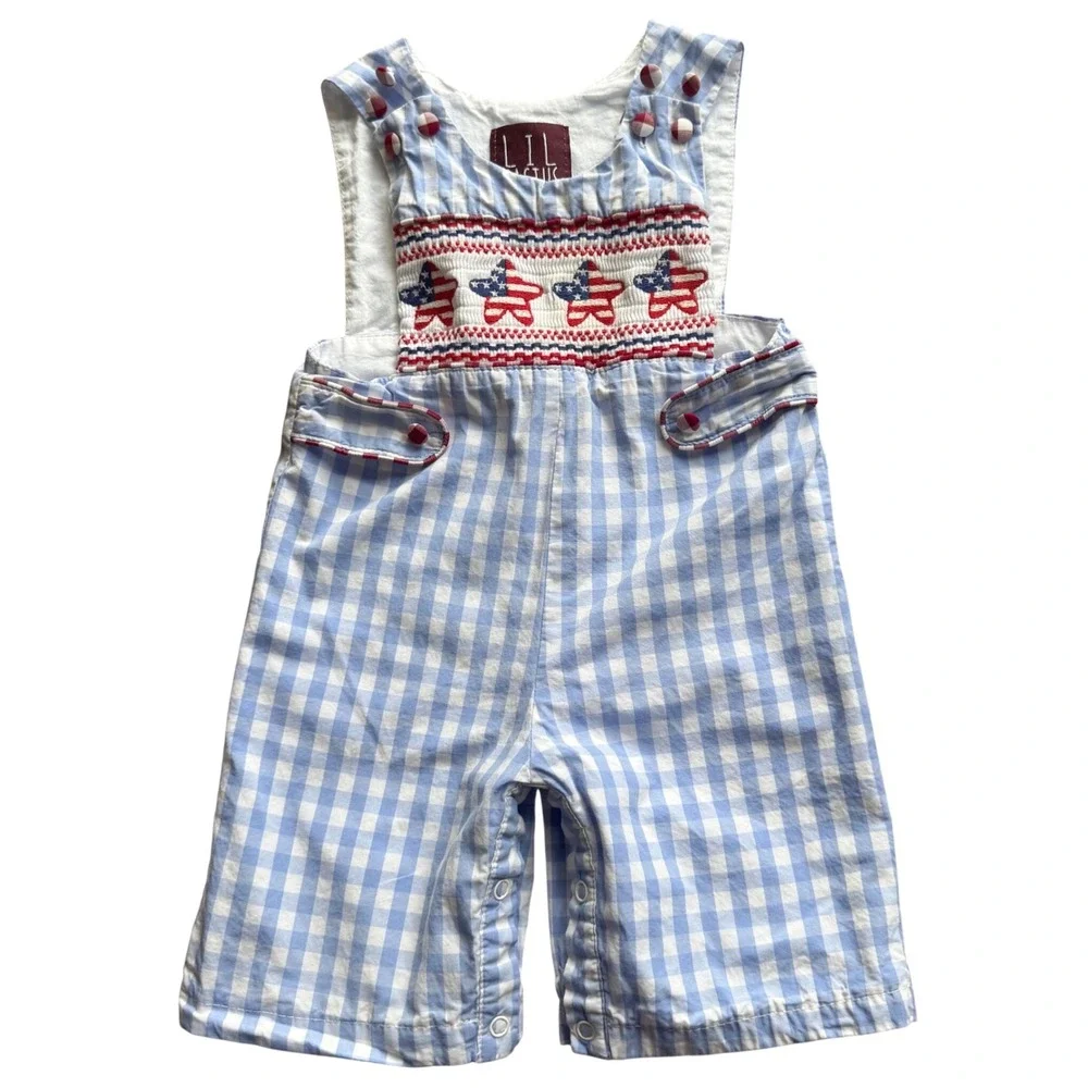 Lil Cactus Baby 3–6M Patriotic Smocked Stars Gingham Long Romper Longalls Snap